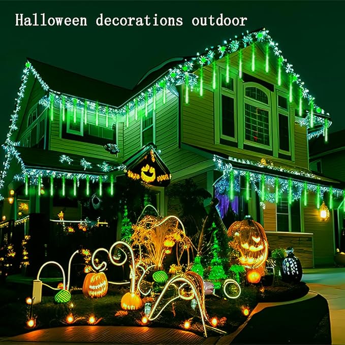 Kwaiffeo Green Christmas Lights 24 Tubes Meteor Shower Lights(Equivalent to 3 Sets of 8-Tube) for Halloween Christmas Decorations Outdoor Green Lights for Xmas St. Patrick's Day Party Tree UL Plug