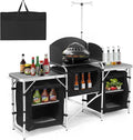 Camping Kitchen Table Folding TableOutdoor Cooking Table with Storage Carrying Bag Aluminum Cook Station with Windscreen and 3 Multifunctional Storage Cupboards BBQ Outdoor RV Party