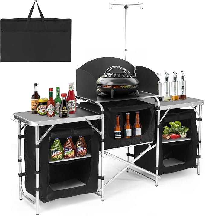 Camping Kitchen Table Folding TableOutdoor Cooking Table with Storage Carrying Bag Aluminum Cook Station with Windscreen and 3 Multifunctional Storage Cupboards BBQ Outdoor RV Party