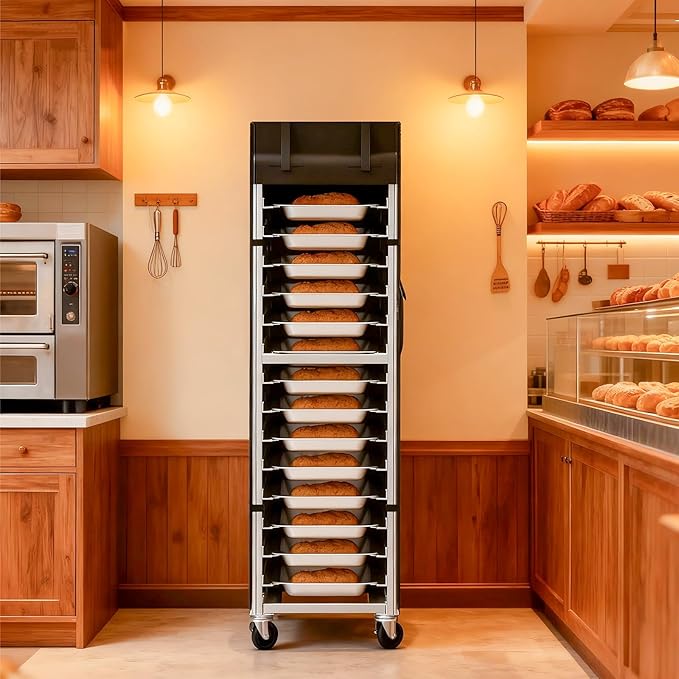 Bread Rack Cover 20-Tier 23×28×64 – 420D Oxford Waterproof &amp Dustproof Speed Rack Cover with Side Storage Pocket Roll-Up Door Zipper – Commercial Bakery Bun/Sheet Pan Rack Protector Black