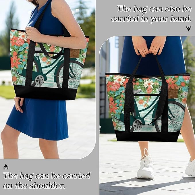 Insulated Shopping BagLarge Reusable Cooler Bags Bicycle with Flower Printed Foldable Shopping BagTravel Waterproof Shoulder Bag