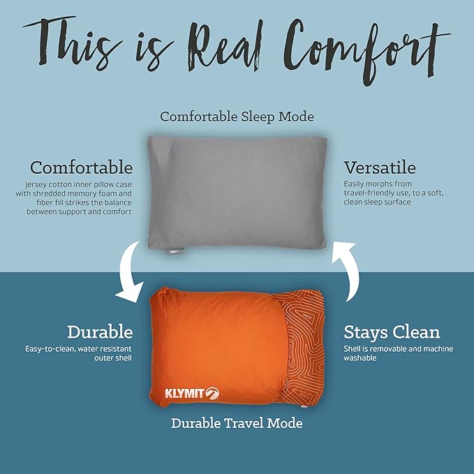 KLYMIT Drift Camping Pillow | Lightweight Travel Head Rest for Sleep Filled with Shredded Memory Foam Reversible Outer Cover for Extended Use Regular Size — Orchid