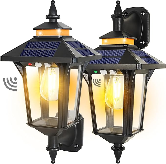 2 Pack Solar Wall Lantern Lights Outdoor with 3 Lighting Modes Motion Sensor Wall Sconce Dusk to Dawn LED Exterior Front Porch Lights Fixtures Wall Mount Waterproof for Garage House Doorway Yard