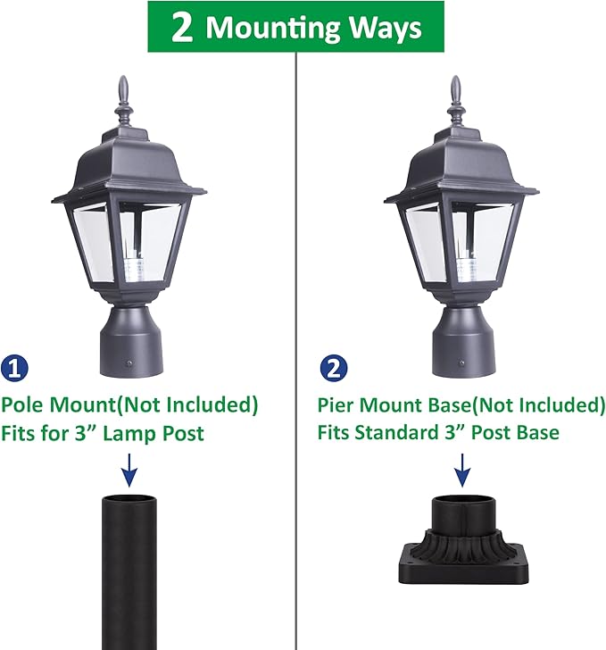LIT-PaTH Outdoor Post Lighting Fixture Pole Lantern E26 Medium Base Max 60W Aluminum Housing Plus Clear Glass Bulb Not Included Matte Black Finish 1-Pack