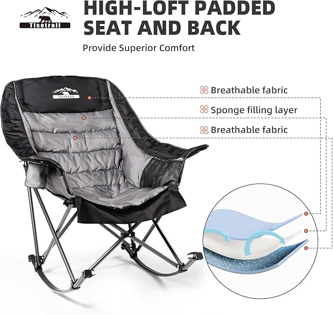 Oversized Rocking Camping Chairs Set of 2 Fully Padded Camp Chairs for Adults with Side Pocket and Cup Holder Heavy-Duty 400lbs Capacity Black &amp Gray