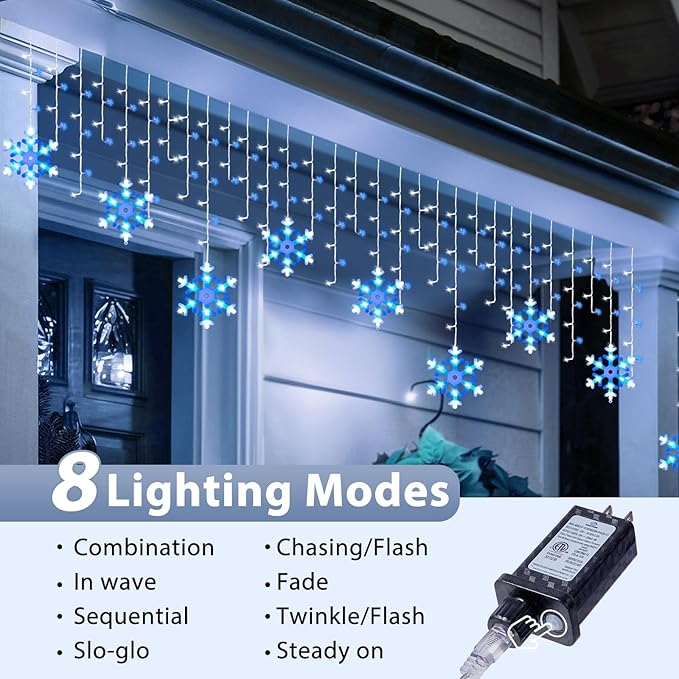 Minetom Icicle Lights Outdoor with Snowflake 20FT 200 LED Icicle Christmas Light with 24 Drops8 Modes Icicle String Light with Remote Timer Waterproof Christmas Lights Outdoor Blue White
