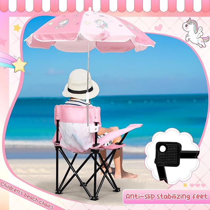 Outdoor Toddler Camping Chair with Umbrella Foldable Beach Chairs with Safety Lock for Kids Waterproof Lawn Kids Folding Chair for Outside Beach Travel(Unicorn)