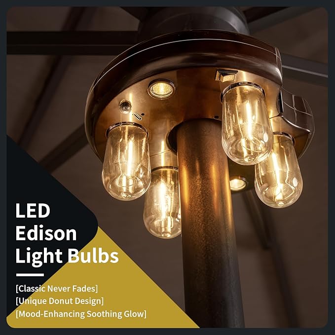 Patio Umbrella Light with Remote Control Rechargeable Cordless LED Edison Bulbs Pole Light with 10 Brightness Levels for Garden Patio Backyard Camping or BBQ - Brown (2 Pack)
