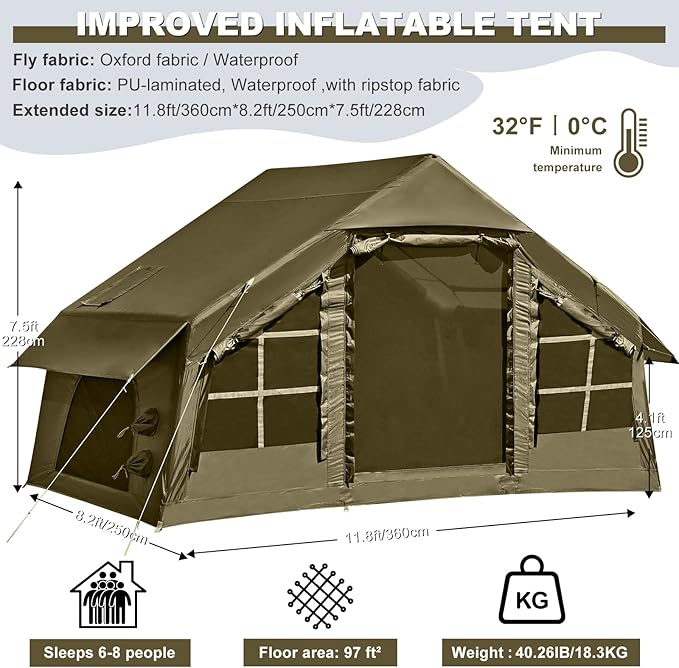 Inflatable Tents for Camping with Stove Jack 2/4/6/8 Person Easy Setup Blow Up Tents for 4 Seasons Waterproof Inflatable Camping Tent with Awning Air House Glamping Tents for Camping Adult