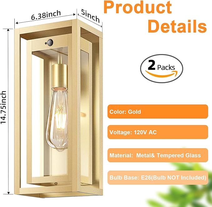 15 Motion Sensor Gold Outdoor Light Fixture Wall Mount 3 Lighting Modes Waterproof Anti-Rust Wall Sconces 2 Pack Exterior Lighting Fixtures for Front Door Porch Garage