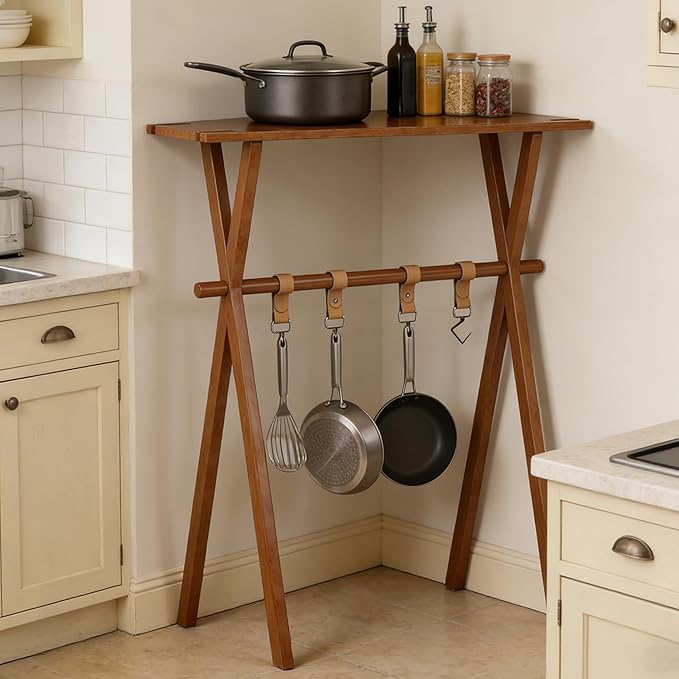 Portable Wooden Picnic Rack &amp Table – Lightweight Beechwood Shelf with Metal Hooks for Outdoor Kitchen RV BBQ &amp Camping Storage