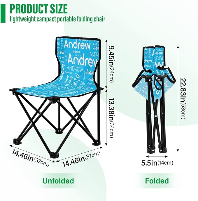 Sinestour Sky Blue Custom Folding Camping Chair for Teen Child Personalized Name 14.6×14.6in Portable Outdoor Chair with Carry Bag for Beach Picnic Travel