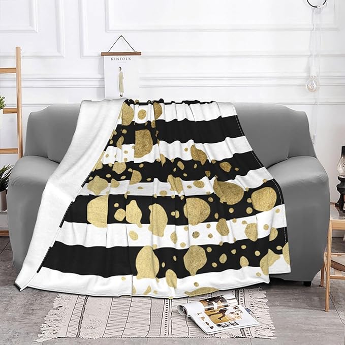 50X40 Faux Gold Paint Splatter On Black &amp White Stripes Lightweight Flannel Blanket - Soft and Breathable Polyester Suitable for Travel Camping and Home Decoration