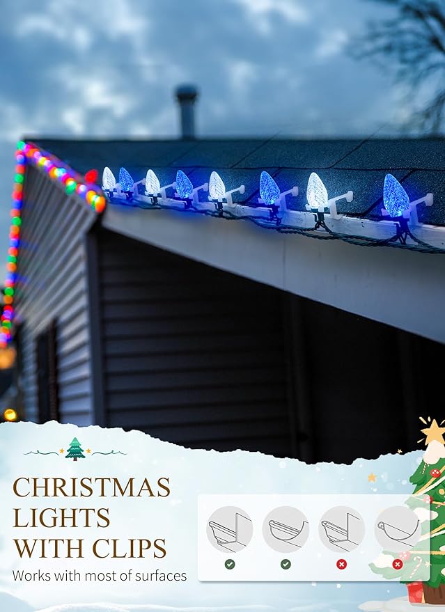 C9 LED Christmas Lights Outdoor 68 Ft 100 LED String with clips Waterproof Christmas Tree Lights for Outside Roofline Garden Decor Blue &amp White