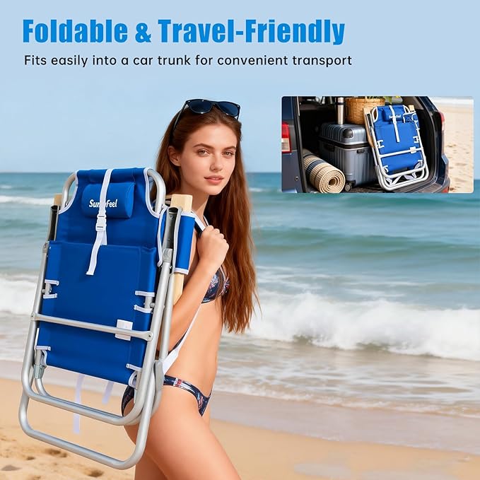 SUNNYFEEL Tall Beach Chair Reclining Beach Chair with 5-Position Portable Camping Chair for Adults with Wood Armrest Lightweight Camping Chair 300 lbs Heavy Duty Blue 2 Pack