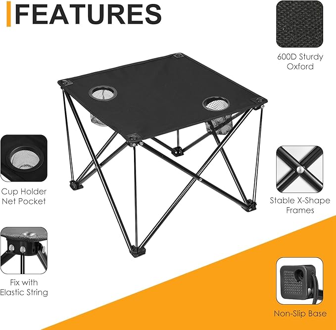 Portable Camping Table Ultralight Picnic Table Foldable with 2 Cup Holders and Carrying Bag for Outdoor Camping Picnic BBQ Beach Party Patio Fishing Steel Frame High-Grade 600D Oxford Fabric
