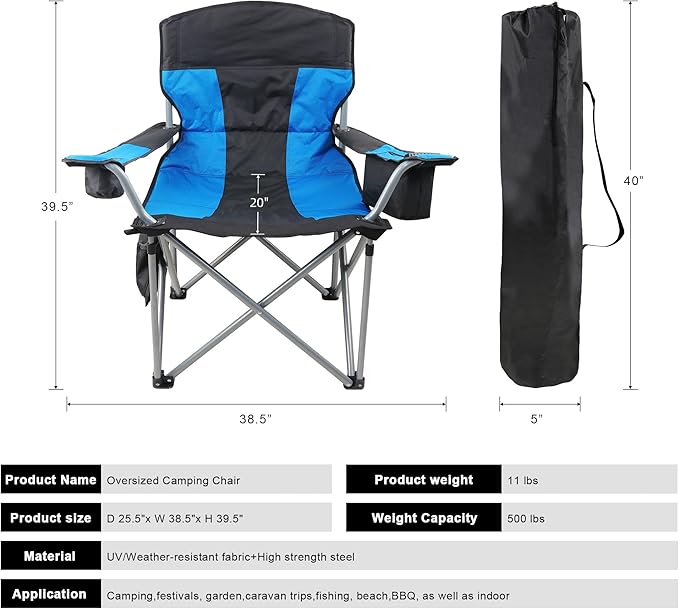Oversized Camping Chairs for Adults Heavy Duty 500lbs Heavy Duty Beach Chairs for Adults Folding Chair with Cooler Bag &amp Cup Holder Side Pocket Blue &amp Black