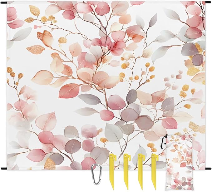 Waterproof Sandproof Beach Blanket 59''×68'' Poplar Leaves Polyester Outdoor Picnic Blanket with 4 Stakes &amp Storage Bag for BeachCampingVacation Plants