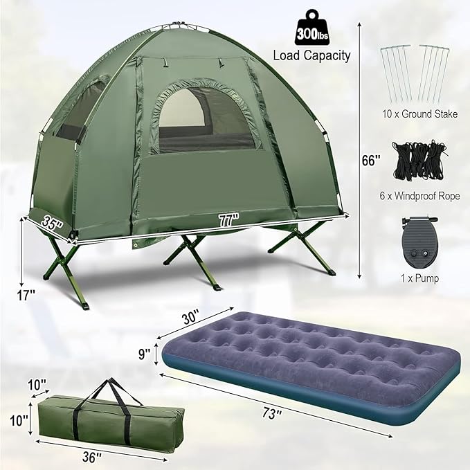 Goplus Camping Tent Cot 5-in-1 Folding Camping Bed with Awning Air Mattress Sleeping Bag Bedspread Off Ground Elevated 1-2 Person Cot Tent with Carrying Bag Air Pump for Camping Picnic Outdoor