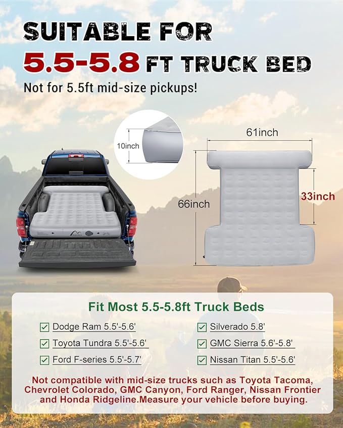Heavy-Duty 5.5-5.8ft Truck Bed Air Mattress with Built-In Pump - Versatile Indoor &amp Outdoor Inflatable Truck Bed Mattress - Leak-Resistant mattress full size Extra Large Carry Bag for Camping