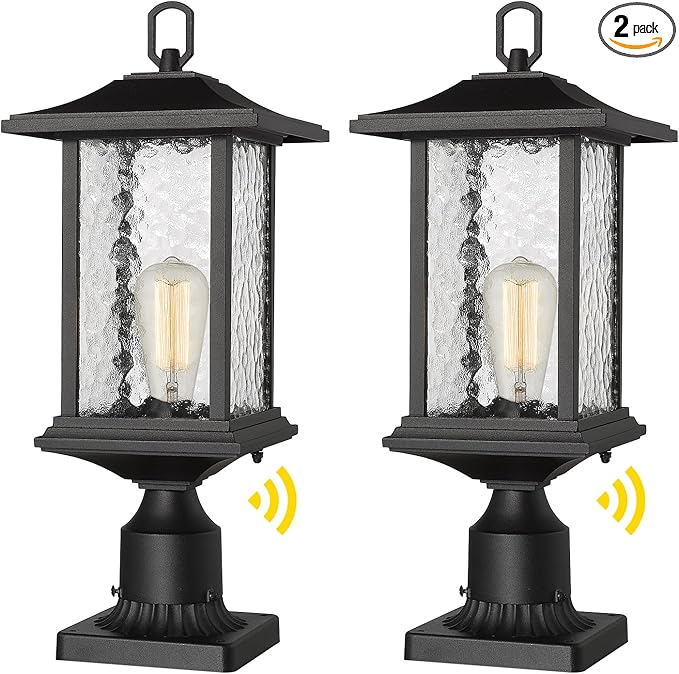 Beionxii Dusk to Dawn Outdoor Post Lights 21inch Large Exterior Lamp Post Light Pier Mount Lantern with Base Black Cast Aluminum w/Water Glass - A272P-2PK (NOT Solar 110-120V AC)