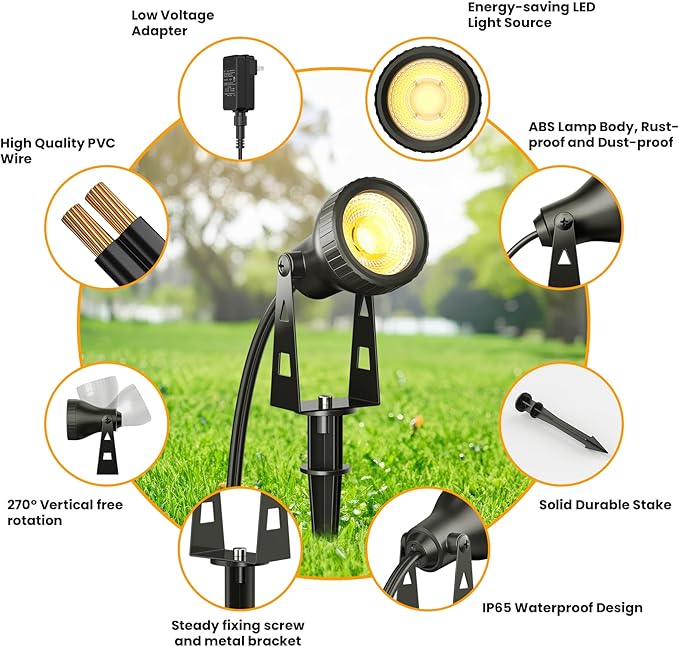 Outdoor Landscape Lighting 6-Pack Outdoor Spot Lights with Transformer Plug in LED Spot Lights for Garden Yard Backyard Plants Lawn Trees House Flags IP65 Waterproof – Warm White