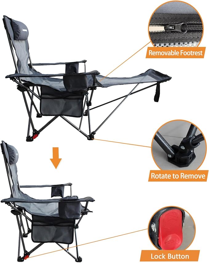 Reclining Camping Chair with Removable Footrest Lounge Chair with Headrest Cotton Cushion Portable Adjustable Folding Chairs
