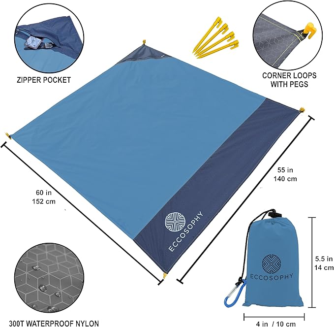 ECCOSOPHY Sand Proof Beach Blanket - Waterproof Picnic Blanket 60x55-Outdoor Compact Pocket Blanket-Lightweight Ground Cover for Hiking Camping Festivals Sports Travel-with Bag &amp Stakes (Denim