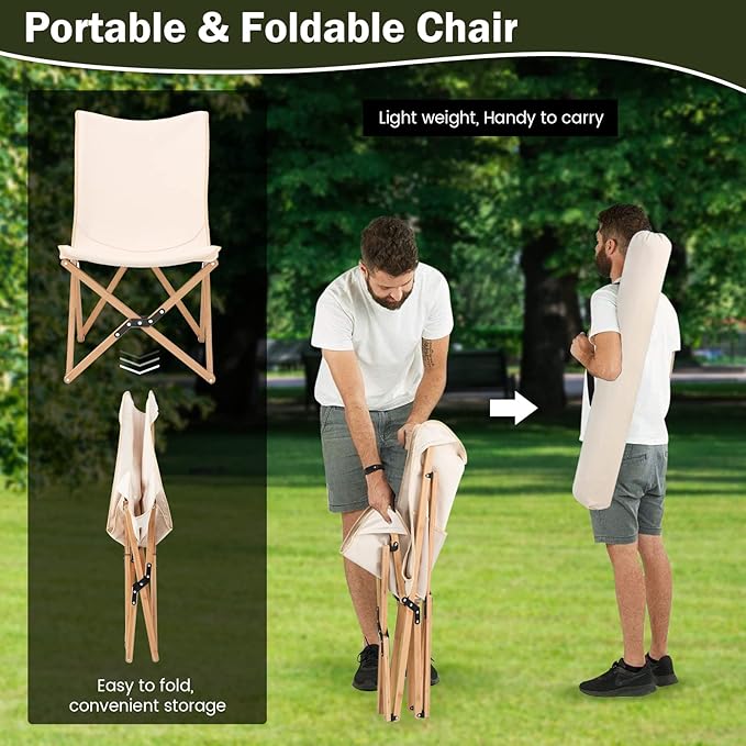 Giantex Camping Chairs 2 Pack Folding Beach Chairs for 330lbs Outdoor Butterfly Chair Portable Lawn Chairs for Picnic Fishing Hiking Mountaineering Lightweight Bamboo Frame No Assembly (Beige)