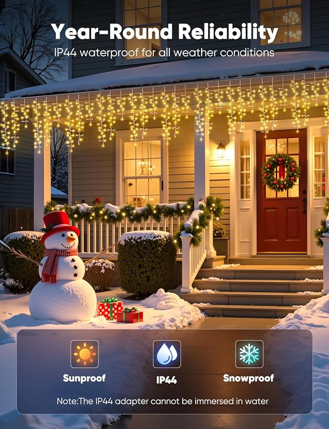 Brightown Icicle Christmas Lights Outdoor 33FT 1020 LED Cluster Icicle Lights with 51 Drop12 Mode Connectable Firecracker Light with Timer Waterproof Christmas Light Outdoor Warm White