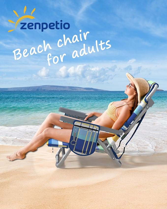 ZENPETIO Beach Chair Camping Chair for Adults Reclining Backpack Chair for Pool Beach Camping Outdoors