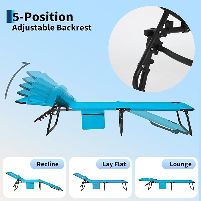Tanning Chair with Face Hole Folding Beach Lounge Chair5-Position Adjustable Backrest Pillow &amp Side PocketPortable Face Down Chaise Lounge for Outdoor Backyard PoolsideBeach PatioBlue