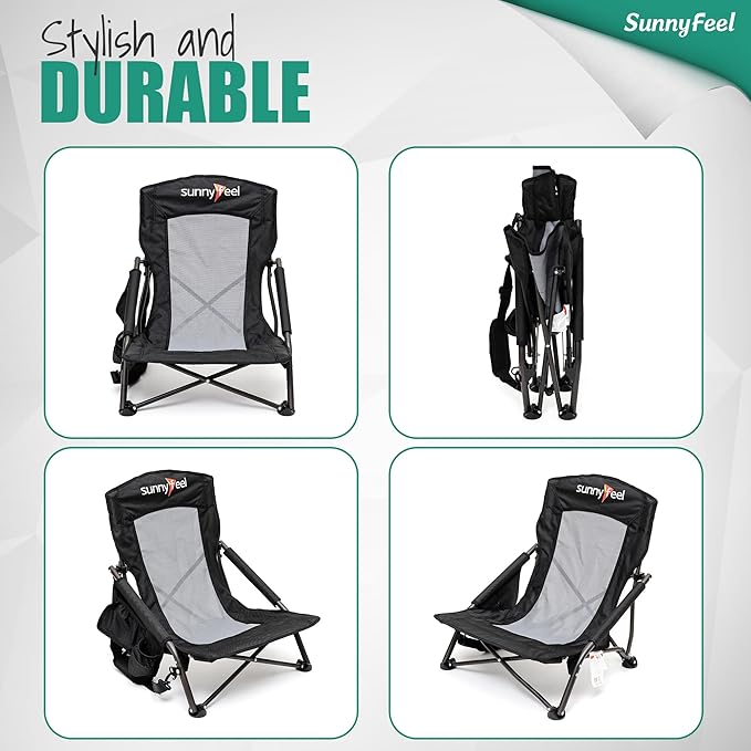 SUNNYFEEL Folding Low Camping Beach Chair 2 Pack Lightweight Portable Lawn Chair with Mesh Back Cup Holder for Outdoor/Travel/Picnic/Concert Foldable Camp Backpack Chair with Carry Bag