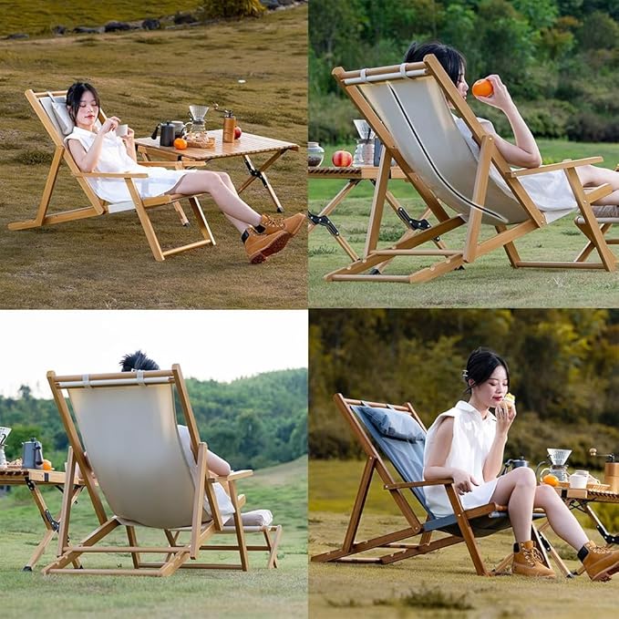 MOOTEK Wood Portable Reclining Beach Chair 4 Level Height Adjustable Reclining Chairs with Wood Frames and Cushioned Headrest for Indoor Outdoor Garden Backyard Poolside