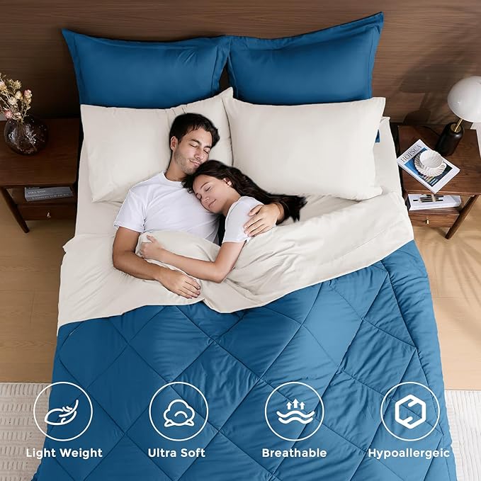 HEVUMYI Teal Blue &amp Ivory Queen Comforter Set - 7-Piece All Season Bed in a Bag Queen Ultra Soft Bedding Set with Comforter Flat Sheet Fitted Sheet Pillowcases Pillow Shams Teal Blue &amp I