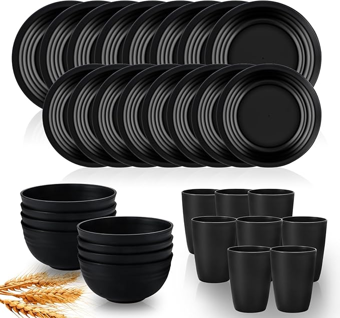 32 pcs Wheat Straw Dinnerware Sets Kitchen Plates and Bowls Sets for 8 Plastic Plates Reusable Dishes Set Outdoor Camping and Dinning Essentials Dishwasher Safe Black
