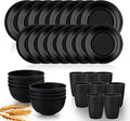 32 pcs Wheat Straw Dinnerware Sets Kitchen Plates and Bowls Sets for 8 Plastic Plates Reusable Dishes Set Outdoor Camping and Dinning Essentials Dishwasher Safe Black