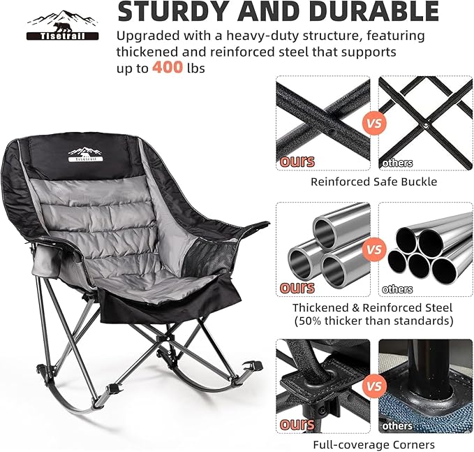 Oversized Rocking Camping Chairs Set of 2 Fully Padded Camp Chairs for Adults with Side Pocket and Cup Holder Heavy-Duty 400lbs Capacity Black &amp Gray