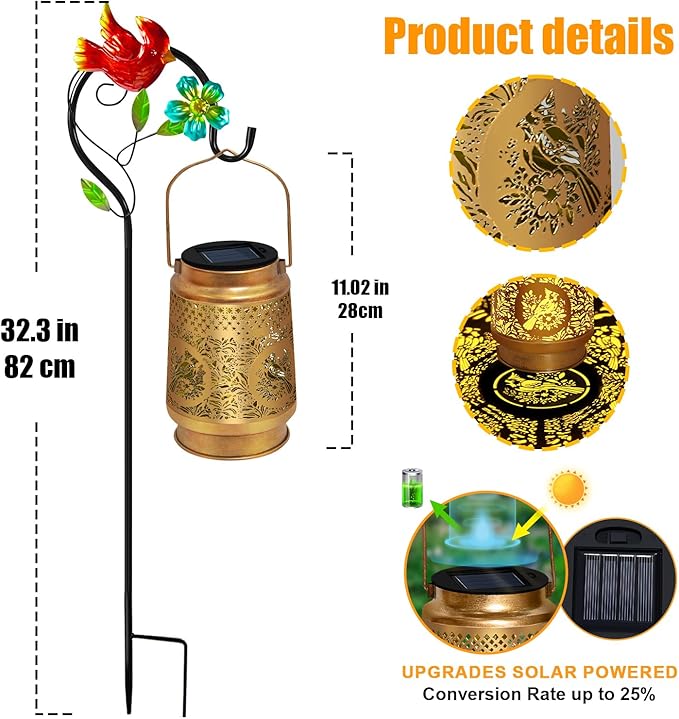 2 Pack Solar Lanterns Outdoor WaterproofHanging Metal Cardinal Garden Decor for OutsidePatioLandscapeWalkway Mothers Day Gifts for Women Mom Grandma