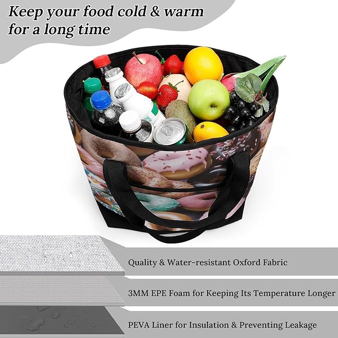 Insulated Shopping BagLarge Reusable Cooler Bags Donuts Printed Foldable Shopping BagTravel Waterproof Shoulder Bag