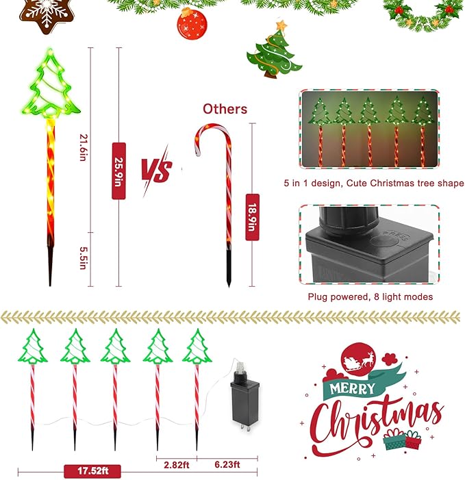 Outdoor Christmas Decorations Lights 5 in 1 Candy Cane Christmas Tree Lights with 8 Modes Christmas Pathway Lights Outdoor Waterproof LED Christmas Outside Lights for Yard Path Garden Decor
