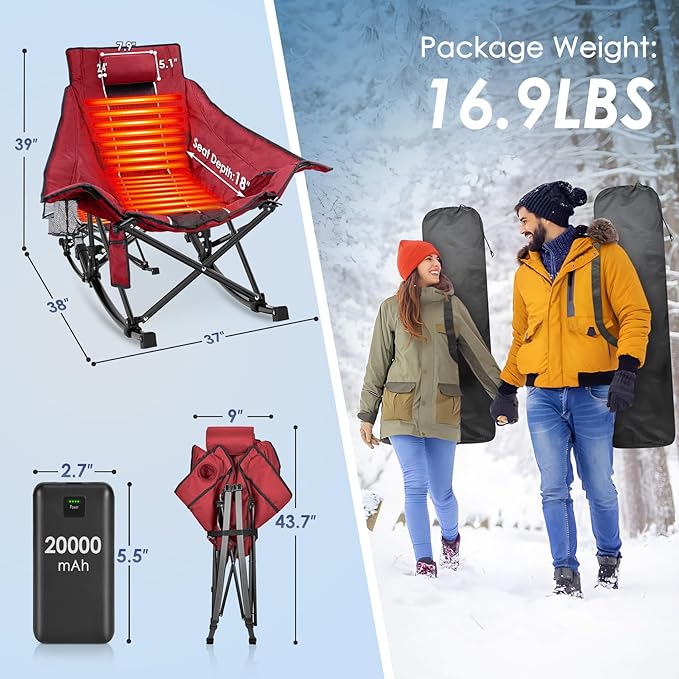 Suteck Heated Rocking Camping Chair XL Oversized Rocking Chair Outdoor with 3 Heat Levels for Back and Seat Heated Chairs Outdoor Sports W/20000mAh Power Bank for Patio Lawn Picnic Travel