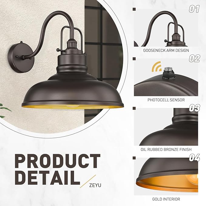 zeyu 18 Inch Vintage Wall Light Fixture Outdoor Dusk to Dawn Barn Light Farmhouse Wall Sconce Light for Garden Garage Oil Rubbed Bronze Finish 016-1BL-PC ORB