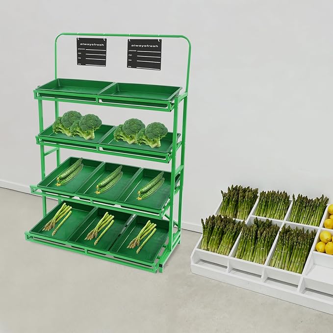 4 Tier Supermarket Fruit Vegetable Storage Rack Retail Display Rack Market Shelf with 10 Slanted Baskets &amp 2 Product Labels Floor Standing Metal Fruit Vegetable Snacks Display Shelf Organizer
