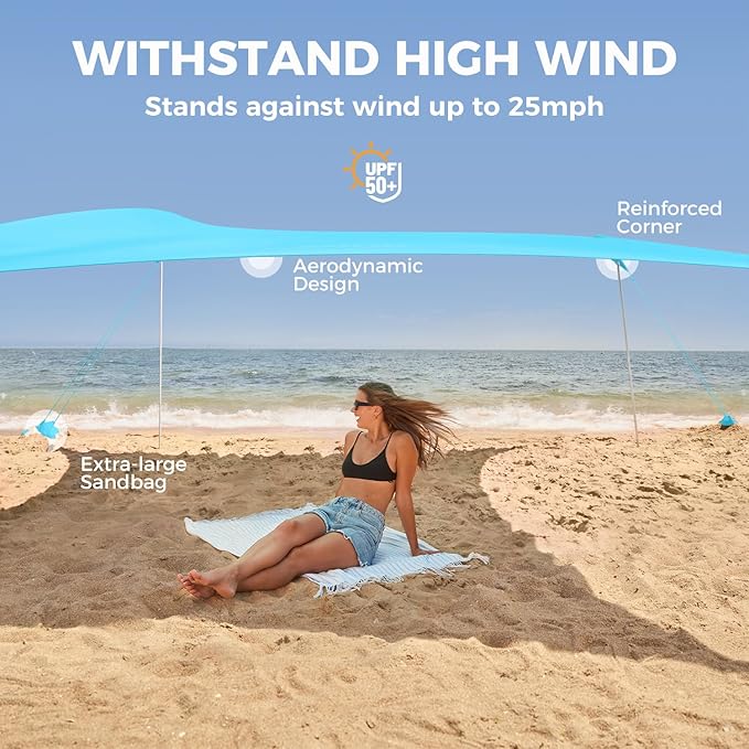 WEKAPO Beach Tent Sun Shelter - Easy Setup Beach Canopy with 4 Sturdy Poles Large Sandbags and Shovel 7'1'' Tall Windproof Sun Shade for Backyard and Camping UPF 50+ Protection
