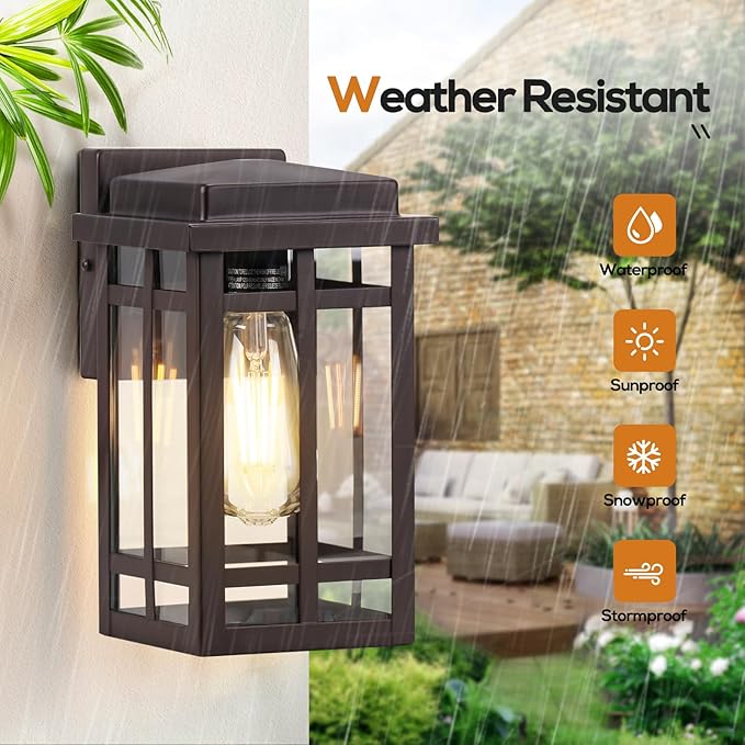 9.76'' Outdoor Wall Light Fixtures 2 Packs Waterproof Porch Lights Lanterns Exterior Modern Brown Wall Mount Lighting Anti-Rust E26 Outside Scones for House Front Door Garage Patio 2 Pack