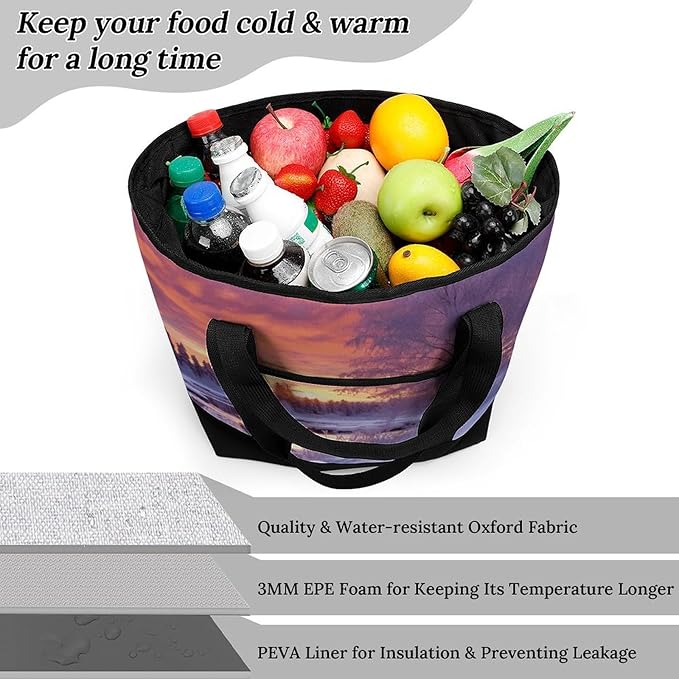 Insulated Shopping BagLarge Reusable Cooler Bags Winter Landscape Printed Foldable Shopping BagTravel Waterproof Shoulder Bag