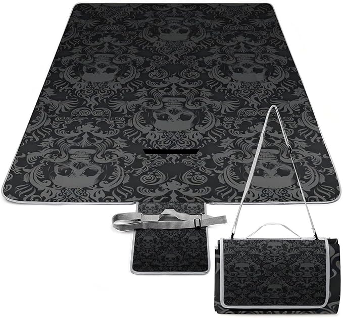 Black Goth Gothic Skull Damask Pattern Waterproof Outdoor Picnic Blanket Sandproof Beach Mat for Camping Hiking Grass Travelling 58.3x58.3in