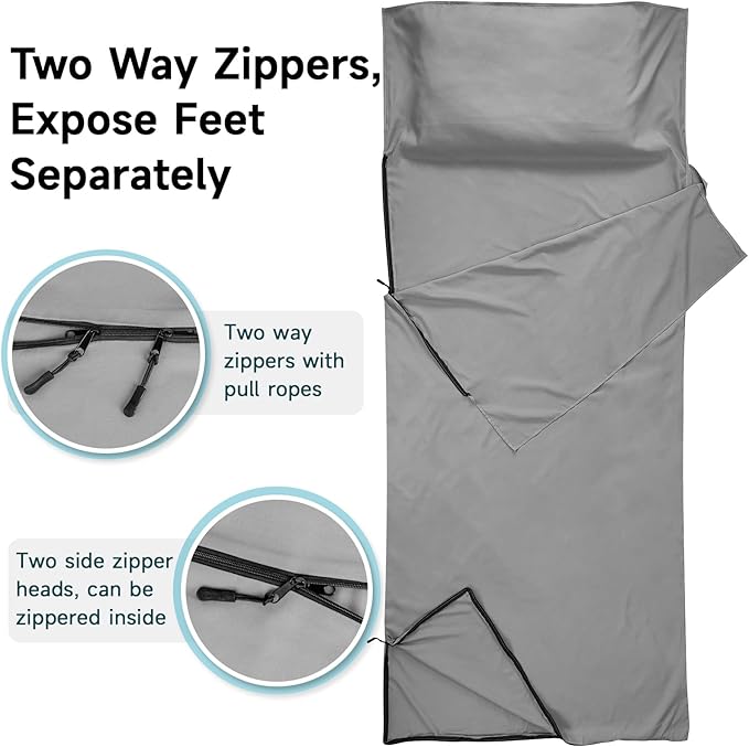 Sleeping Bag Liner 9.5oz Ultralight Satin Travel Sheets for Hotel with Two Way Zippers Silky Camping Sheets &amp Adult Sleep Sack for Backpacking Hiking Business Trips