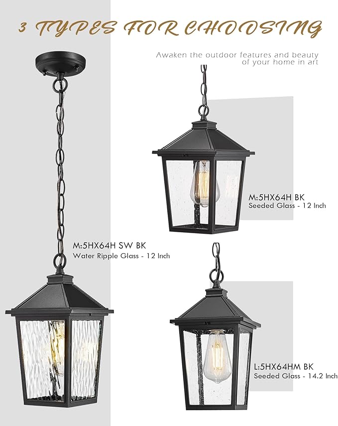 Outdoor Hanging Pendant Light HWH 12 Inch Hanging Porch Light Outdoor Pendant Light Fixture with Adjustable Chain Die-Cast Aluminum with Water Ripple Glass 5HX64H SW BK